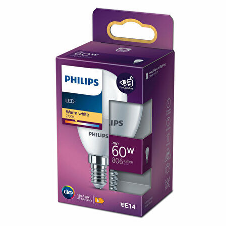 PHILIPS LED AMPUL 60W E14 İNCE DUYLU SARI IŞIK