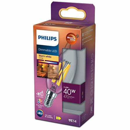 PHILIPS FILAMENT 40W E14 İNCE DUYLU DİMLENEBİLİR MUM AMPUL SARI IŞIK