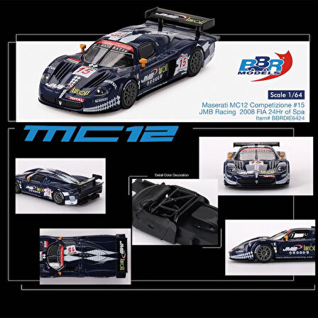 1:64 Diecast Maserati MC12 Competizione JMB Racing #15 2008 FIA 24Hr of SPA Mini GT Model Araba