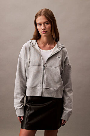 Kadın Boyfriend Fit Kapüşonlu Fermuarlı Logolu Sweatshirt - Gri | M
