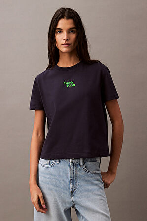 Kadın Ck Flocked Logo T-Shirt - Lacivert | 2XS