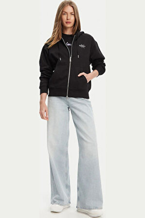 Kadın Boyfriend Fit Kapüşonlu Fermuarlı Sweatshirt - Siyah | M