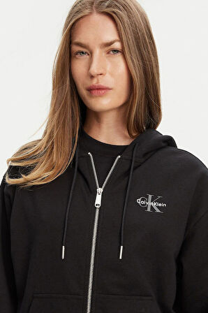 Kadın Boyfriend Fit Kapüşonlu Fermuarlı Sweatshirt - Siyah | M