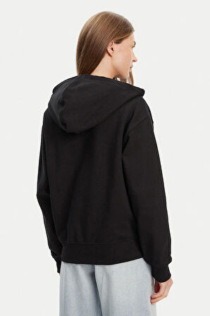 Kadın Boyfriend Fit Kapüşonlu Fermuarlı Sweatshirt - Siyah | L