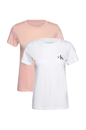 Kadın 2'li Monologo Slim Tee T-Shirt - Pembe-Beyaz | XS