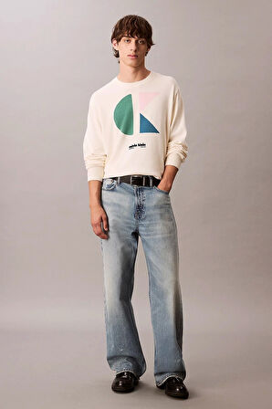 Calvin Klein Jeans Uzun Kollu Renk Bloklu Grafik Pamuklu Beyaz  Erkek Kazak LV04RC303G-YAS