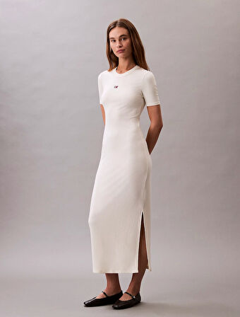 Calvin Klein Jeans A - MODAL RIB SS DRESS Kadın Beyaz Elbise LV044C902G-PBA