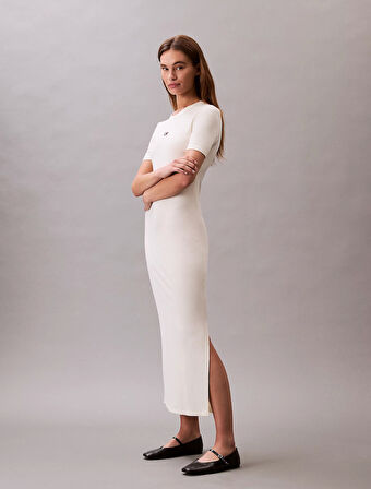Calvin Klein Jeans A - MODAL RIB SS DRESS Kadın Beyaz Elbise LV044C902G-PBA