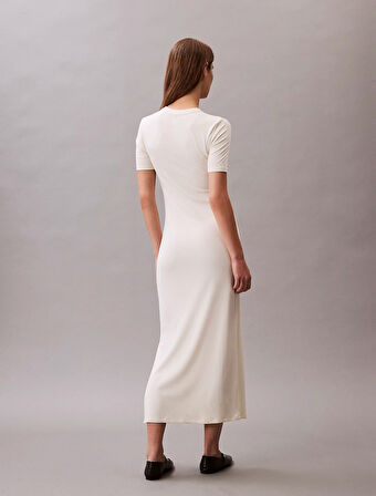 Calvin Klein Jeans A - MODAL RIB SS DRESS Kadın Beyaz Elbise LV044C902G-PBA