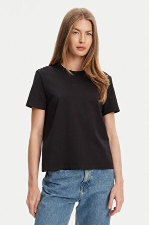 Kadın Regular Fit Bisiklet Yaka Minimalist Logolu T-Shirt - Siyah | S