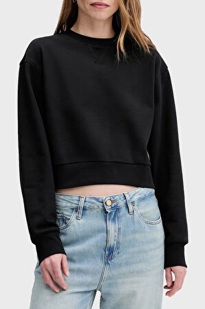 Kadın Cropped Fit Logo Patch'li Sweatshirt - Siyah | XL