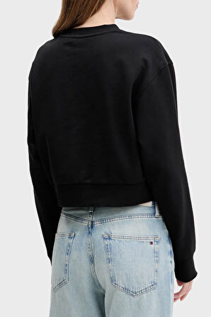 Kadın Cropped Fit Logo Patch'li Sweatshirt - Siyah | XL