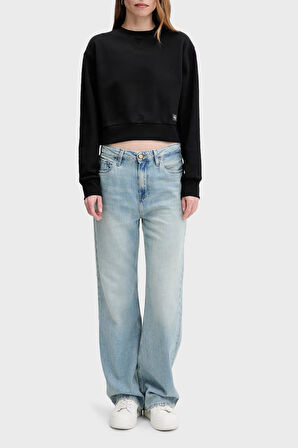 Kadın Cropped Fit Logo Patch'li Sweatshirt - Siyah | XL