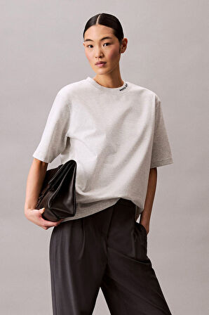 Kadın Relaxed Fit Yaka Nakışlı T-Shirt - Gri | M