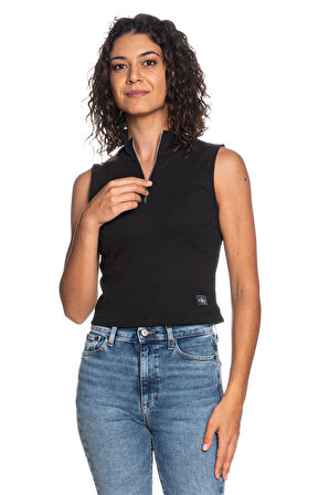 Kadın Dik Yaka Yarım Fermuarlı Fitilli Top T-Shirt - Siyah | XS