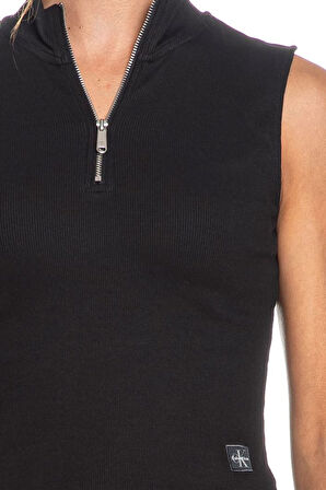 Kadın Dik Yaka Yarım Fermuarlı Fitilli Top T-Shirt - Siyah | XS