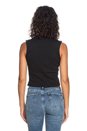 Kadın Dik Yaka Yarım Fermuarlı Fitilli Top T-Shirt - Siyah | L