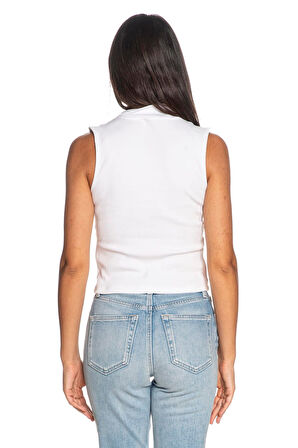 Kadın Dik Yaka Yarım Fermuarlı Kolsuz T-Shirt - Beyaz | S