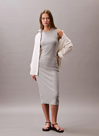 Calvin Klein Jeans Yuvarlak Yaka Nakışlı Gri Uzun Kadın Elbise LV047C240GP79