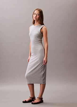 Calvin Klein Jeans Yuvarlak Yaka Nakışlı Gri Uzun Kadın Elbise LV047C240GP79