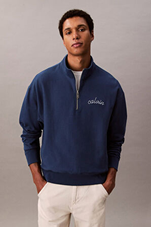 Erkek Yarım Fermuarlı Logolu Sweatshirt - Mavi | XS