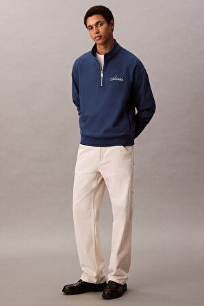 Erkek Yarım Fermuarlı Logolu Sweatshirt - Mavi | XS