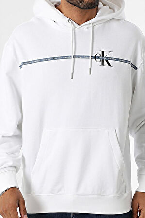 Erkek Regular Fit Şerit Grafik Baskılı Kapüşonlu Sweatshirt - Beyaz | S