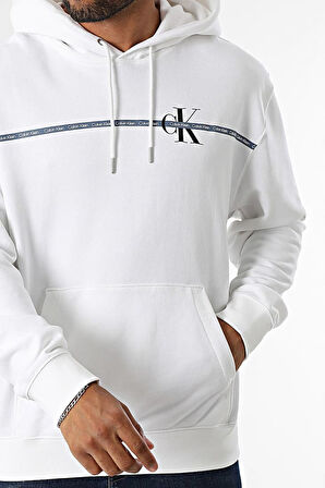 Erkek Regular Fit Şerit Grafik Baskılı Kapüşonlu Sweatshirt - Beyaz | S