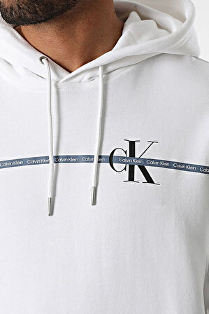 Erkek Regular Fit Şerit Grafik Baskılı Kapüşonlu Sweatshirt - Beyaz | S