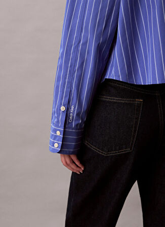 Calvin Klein Jeans Standart Gömlek Yaka Çizgili Mavi Kadın Gömlek LV047C118GXNS