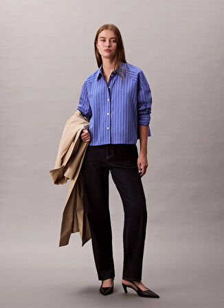 Calvin Klein Jeans Standart Gömlek Yaka Çizgili Mavi Kadın Gömlek LV047C118GXNS