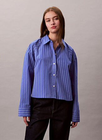 Calvin Klein Jeans Standart Gömlek Yaka Çizgili Mavi Kadın Gömlek LV047C118GXNS