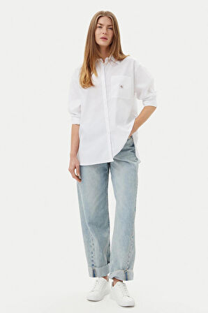Kadın Relaxed Fit Cepli Esnek Poplin Gömlek - Beyaz | L