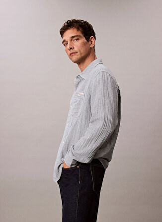 Calvin Klein Jeans Classic Fit Lacivert Çizgili Erkek Gömlek LV04RC706GX6V CASUAL CLASSIC BOARDW