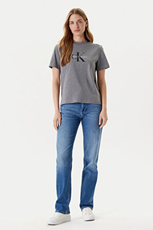 Kadın Monogram Logolu T-Shirt - Gri | M