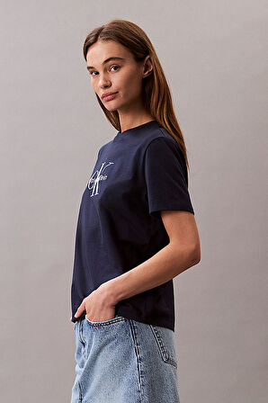 Kadın Regular Fit Monogram Logolu T-Shirt - Lacivert | M