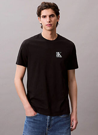 Calvin Klein Jeans Bisiklet Yaka Baskılı Siyah Erkek T-Shirt LV04RC857GUB1 SS CENTER MONOGRAM EU