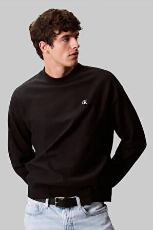 Erkek Bisiklet Yaka Nakış Logolu Sweatshirt - Siyah | XS