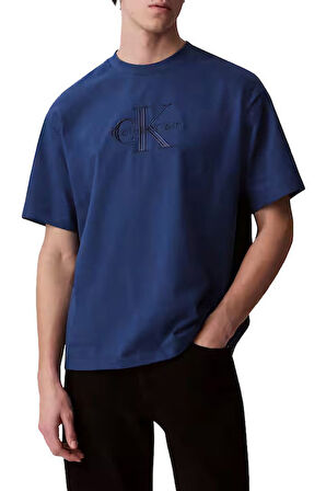 Erkek Relaxed Fit Eteği Asimetrik Kesim Nakış Logolu T-Shirt - Mavi | L