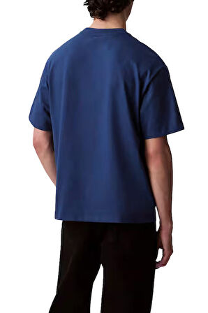 Erkek Relaxed Fit Eteği Asimetrik Kesim Nakış Logolu T-Shirt - Mavi | L