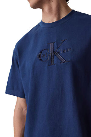 Erkek Relaxed Fit Eteği Asimetrik Kesim Nakış Logolu T-Shirt - Mavi | L