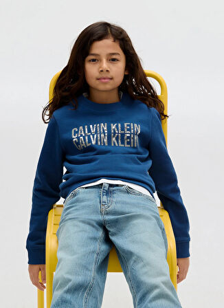 Calvin Klein Baskılı Erkek Çocuk Mavi Sweatshırt IB0IB02527C3I