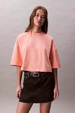 Kadın Cropped Boxy Fit Logolu T-Shirt - Mercan | L