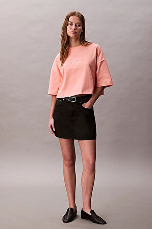 Kadın Cropped Boxy Fit Logolu T-Shirt - Mercan | L