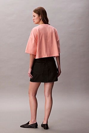 Kadın Cropped Boxy Fit Logolu T-Shirt - Mercan | L