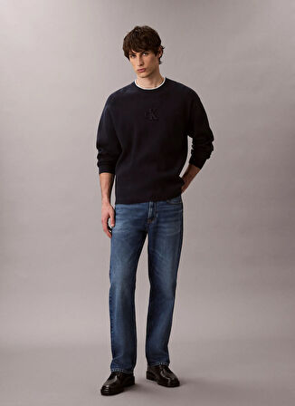Calvin Klein Jeans Bisiklet Yaka Relaxed Düz Lacivert Erkek Kazak LV04RD300GCEF LS EMBOSSED LOGO CREW