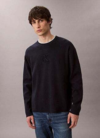 Calvin Klein Jeans Bisiklet Yaka Relaxed Düz Lacivert Erkek Kazak LV04RD300GCEF LS EMBOSSED LOGO CREW