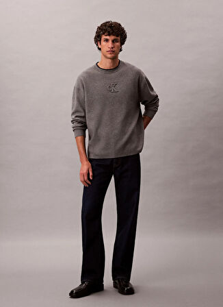 Calvin Klein Jeans Bisiklet Yaka Relaxed Düz Gri Erkek Kazak LV04RD300GP7E LS EMBOSSED LOGO CREW