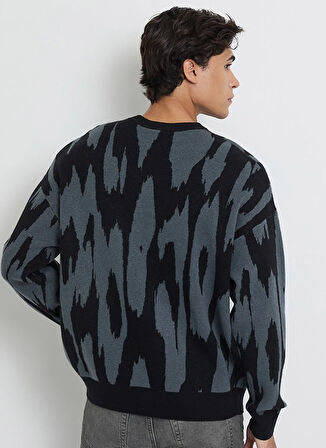 Calvin Klein Jeans Bisiklet Yaka Relaxed Desenli Lacivert Erkek Kazak LV04RD310GWD7 LS ABSTRACT JACQUARD