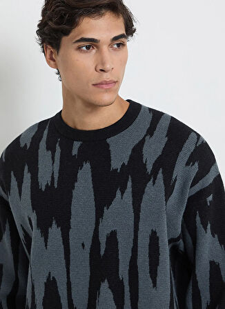 Calvin Klein Jeans Bisiklet Yaka Relaxed Desenli Lacivert Erkek Kazak LV04RD310GWD7 LS ABSTRACT JACQUARD